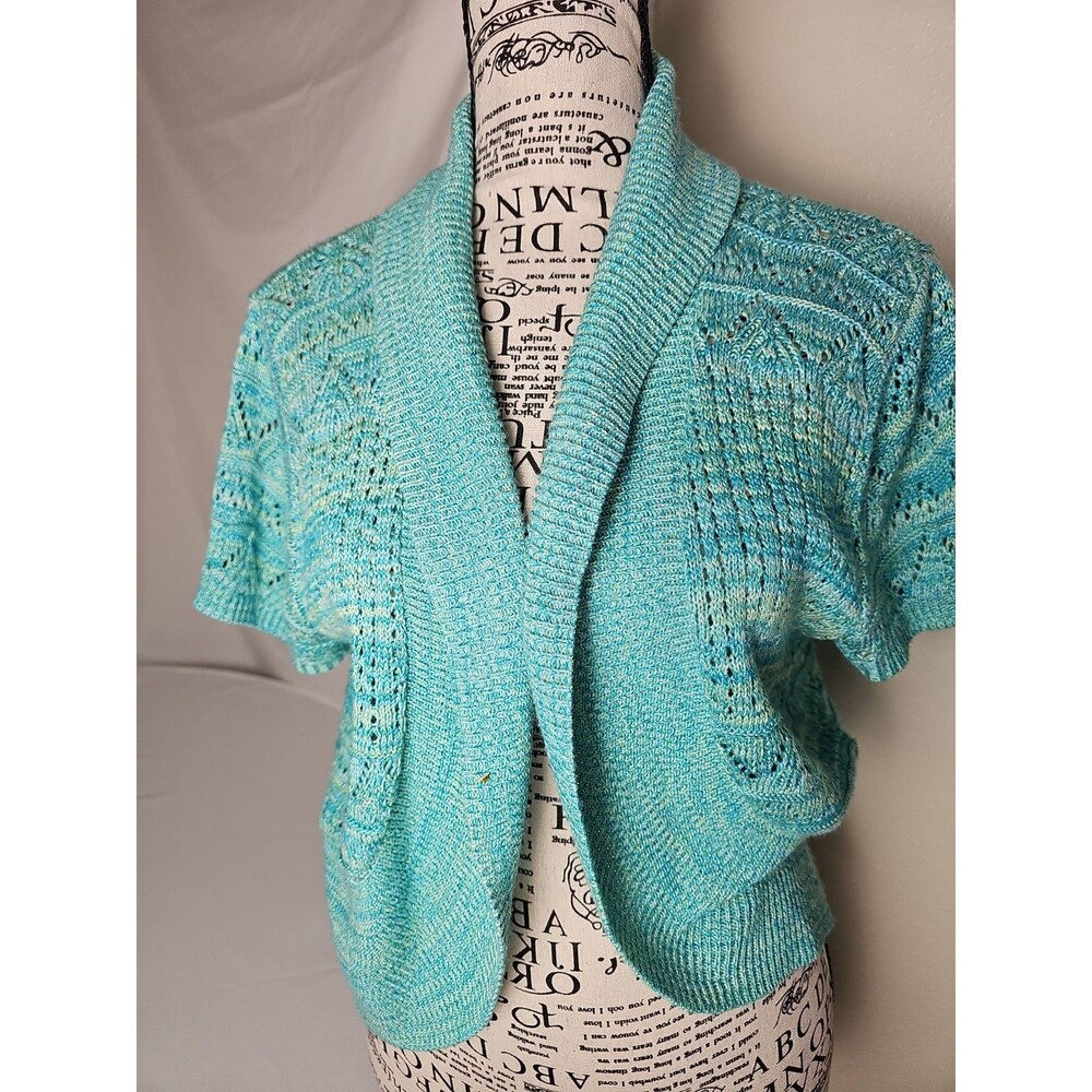 Faded Glory Women's Open Front Knit Cardigan Sweater Blue Aqua Short Sleeve XXL